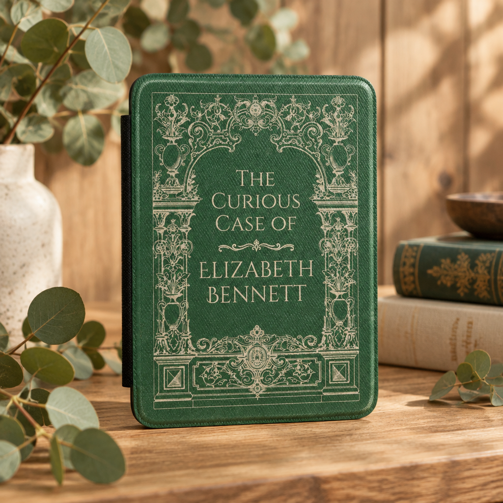 Green personalized Kindle case styled as a vintage book cover reading The Curious Case of Elizabeth Bennett, standing on a wooden shelf with eucalyptus