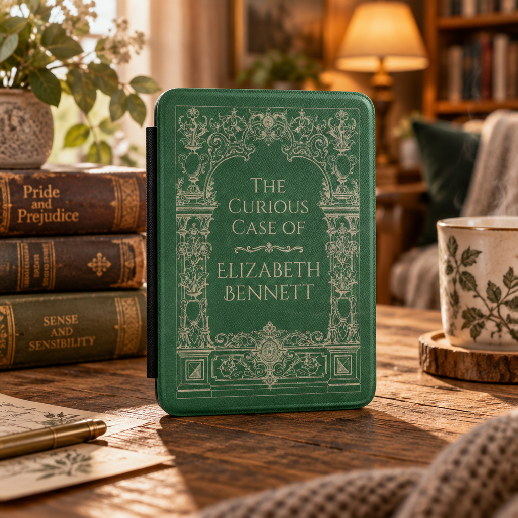 The Curious Case personalized Kindle case on a cozy desk beside classic novels and a mug