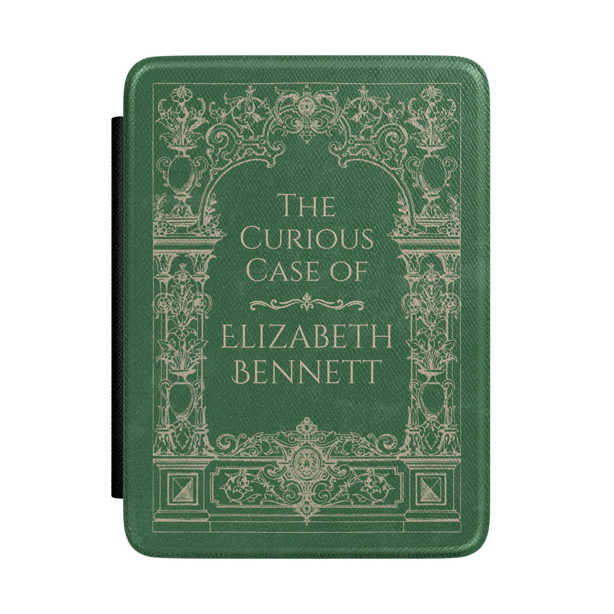 Front of the green vintage book Kindle case with ornate scrollwork and a custom name