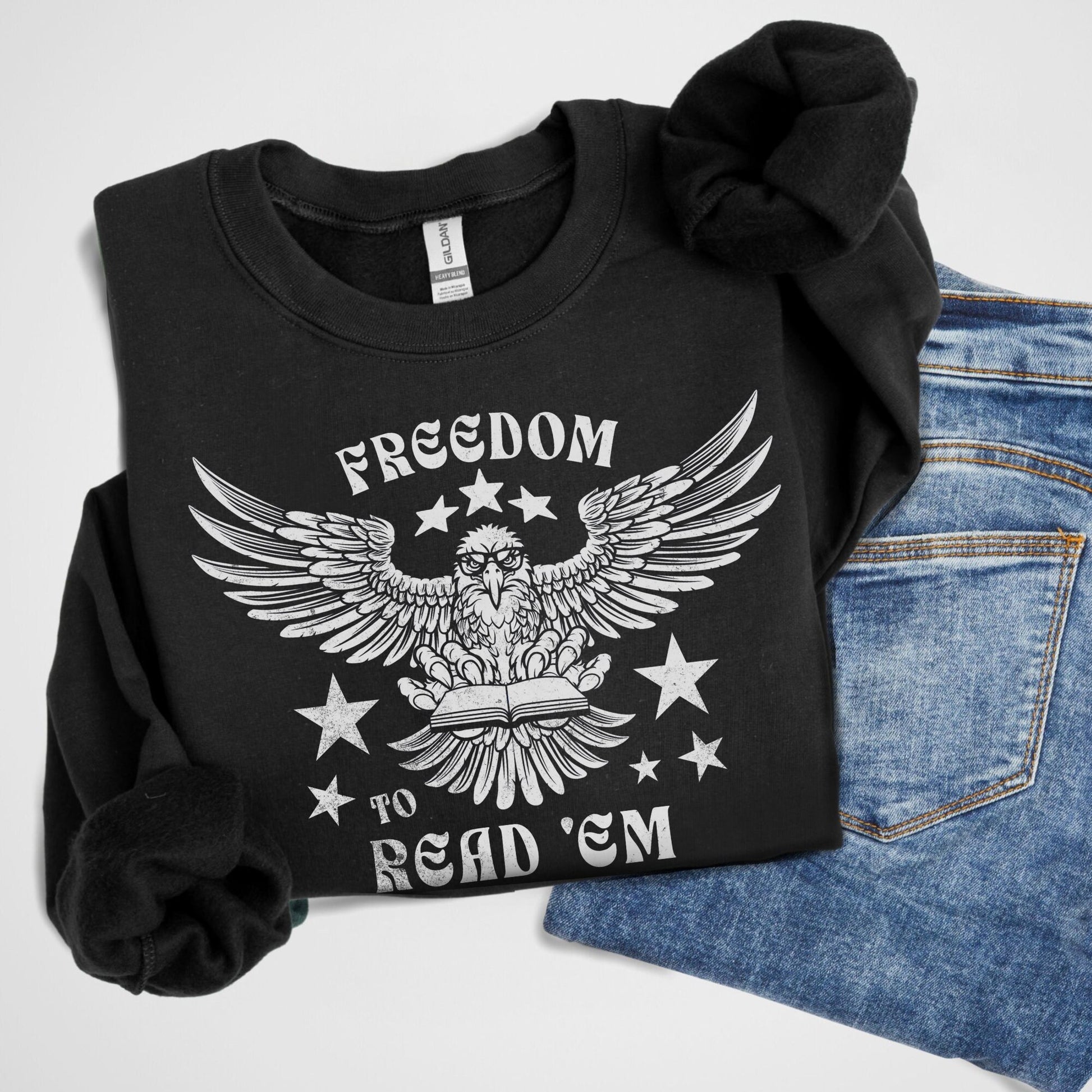 Freedom To Read 'Em Sweatshirt | Cozy Book Lover Gift | Patriotic USA Literary Shirt For Reader | Banned Books Gift For Teacher, Librarian