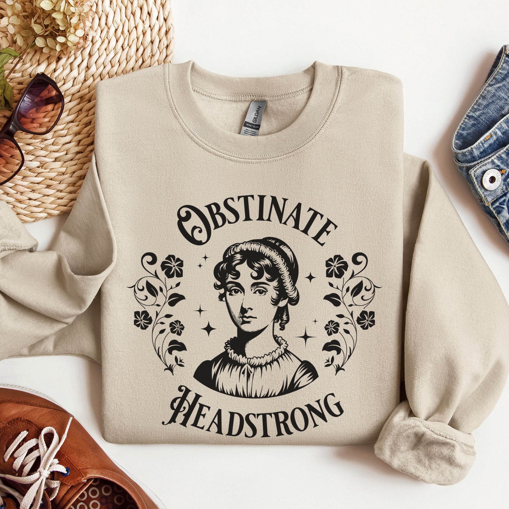 Jane Austen Sweatshirt | "Obstinate, Headstrong" Pride and Prejudice Crewneck Sweater For Readers of Classic Literature | Book Lover Gift