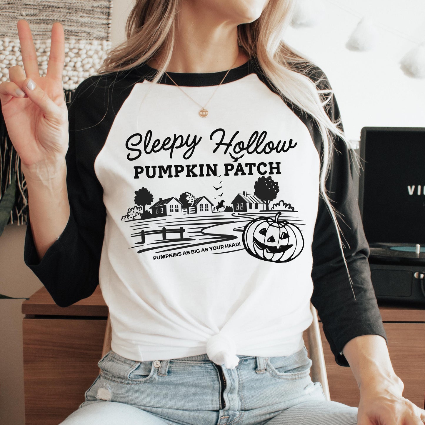 Sleepy Hollow Pumpkin Patch Raglan Shirt | Halloween T-Shirt for Book Lover | Spooky Cute Fall Fashion | Classic Literature Gift